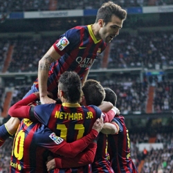 Barcelona's players celebrating at Santiago Bernabéu last Sunday.
