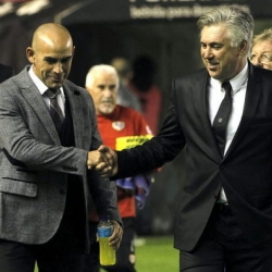 Paco Jemez and Carlo Ancelotti at Campo de Fútbol de Vallecas last November